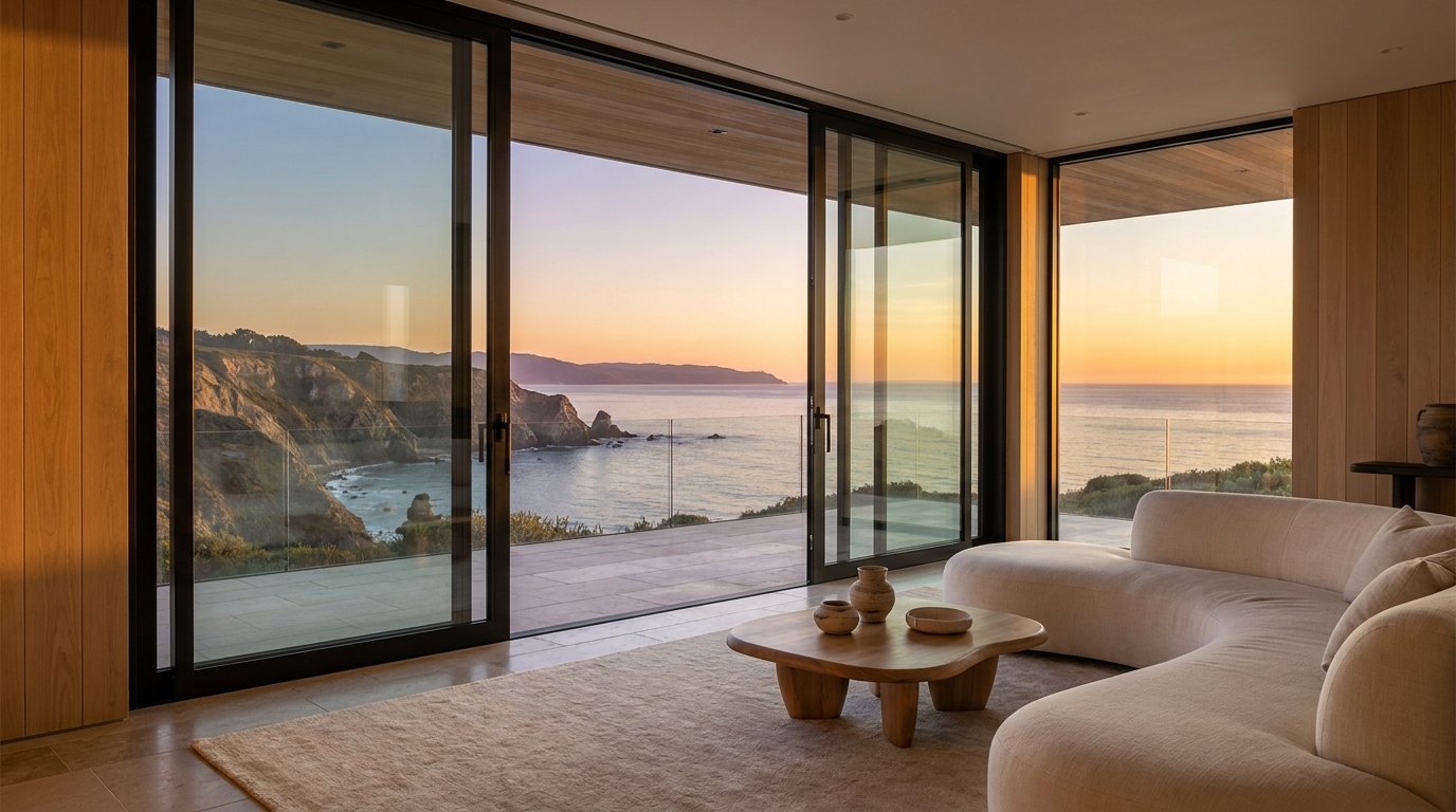 Luxury coastal home with floor-to-ceiling sliding glass windows opening onto the Pacific Ocean