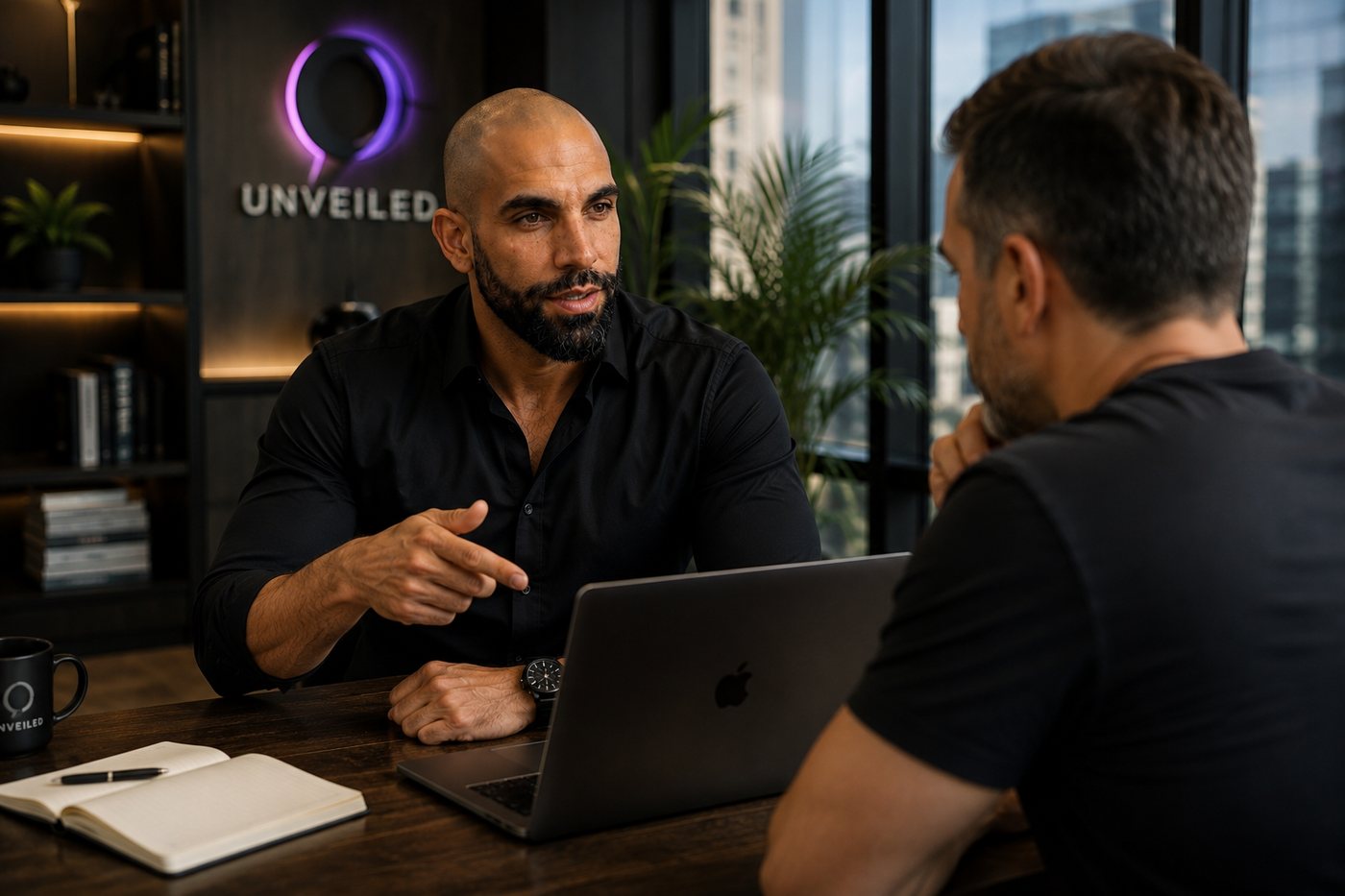 Maor advising a business owner on AI implementation at the UNVEILED office