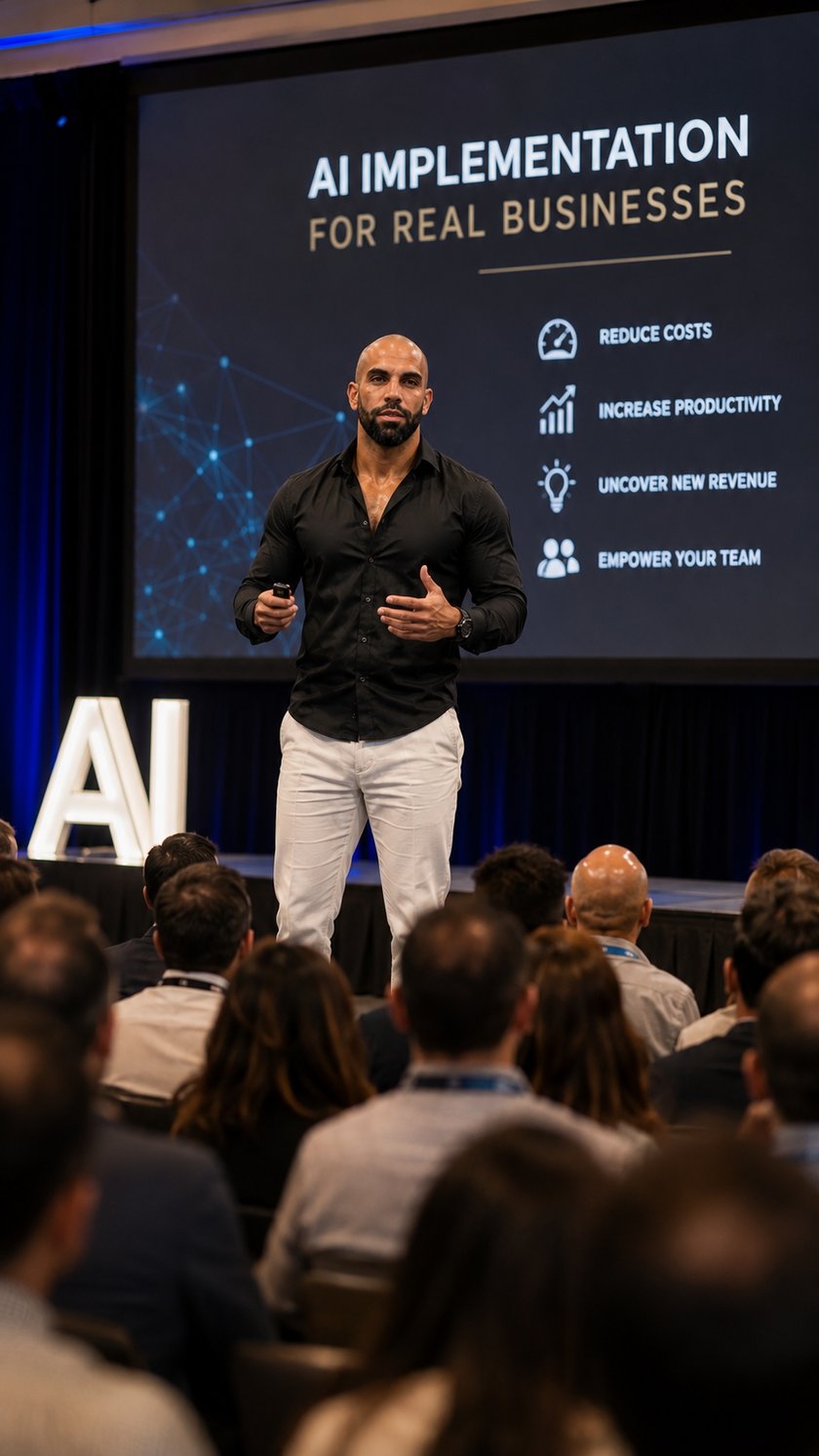 Maor speaking on stage at an AI implementation conference, delivering a keynote to a full room of business owners