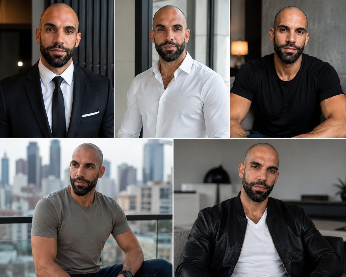 The same avatar across five different looks and settings, from studio to street to office