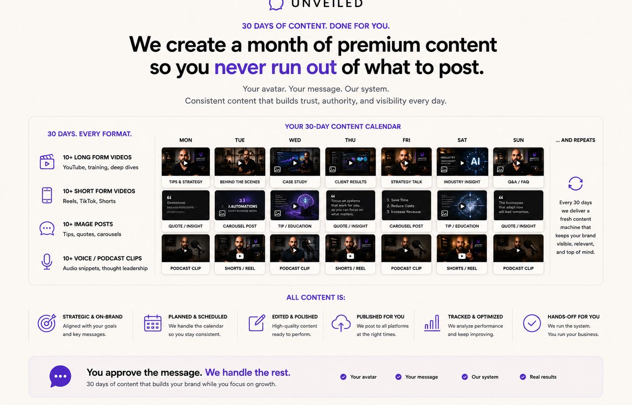A month of premium content, done for you: a full 30-day content calendar of videos, posts, and clips across every format