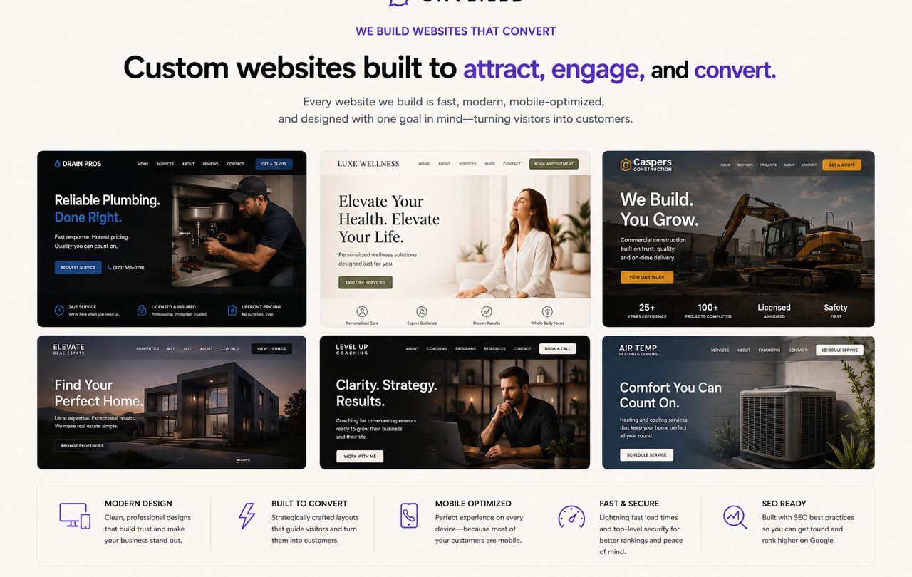 Custom websites we've built across industries: home services, wellness, construction, real estate, and coaching, each modern, mobile-optimized, and built to convert